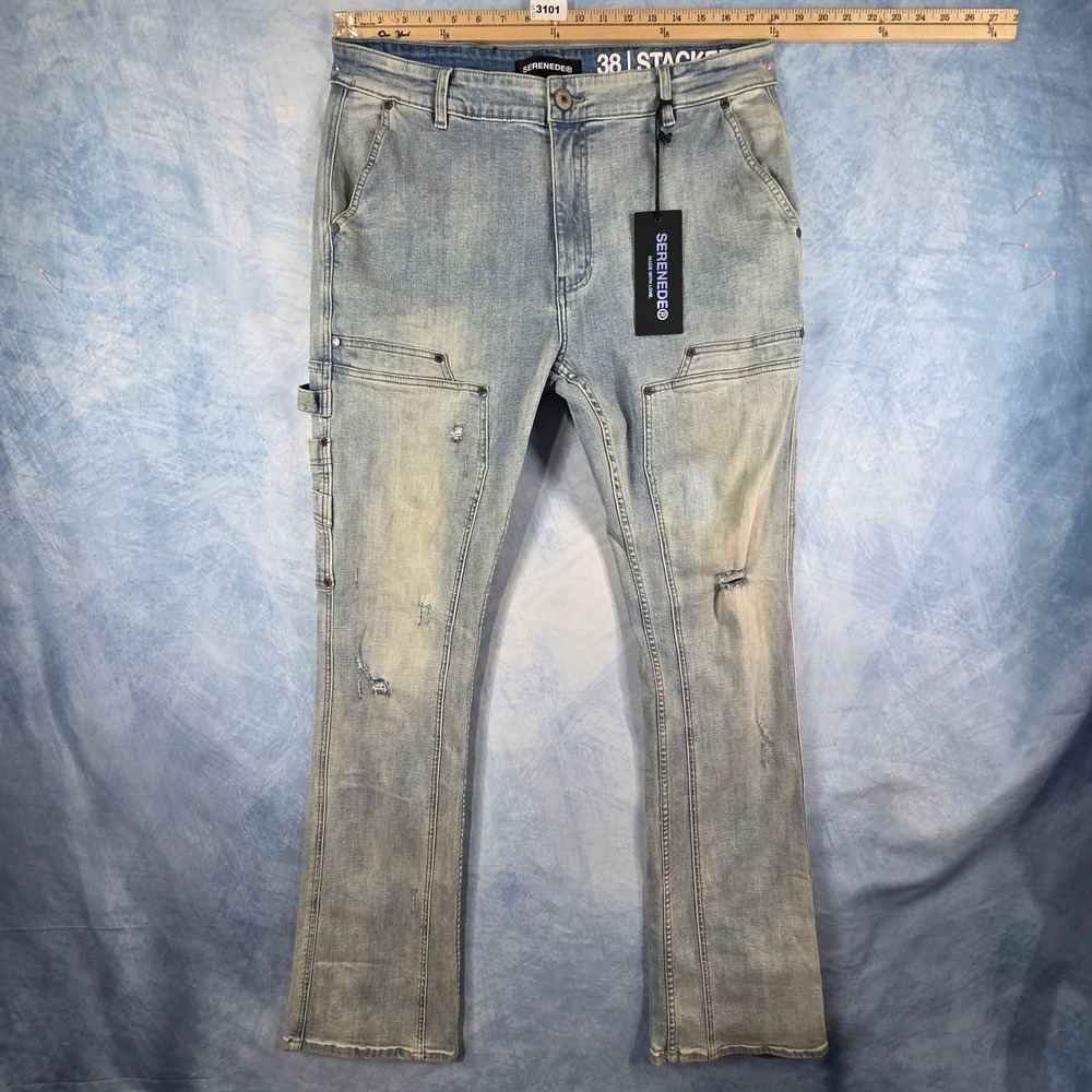 Serenede Stacked Denim 38 Light Wash Distressed Carpenter Jeans Blue Streetwear